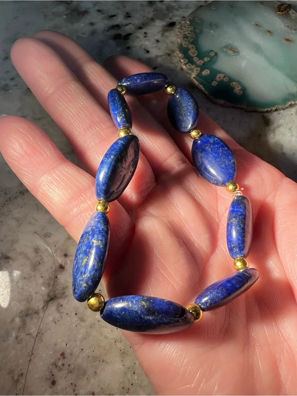 Lapis Lazuli Beaded Stretch Bracelet - Deep Blue with Gold Accent